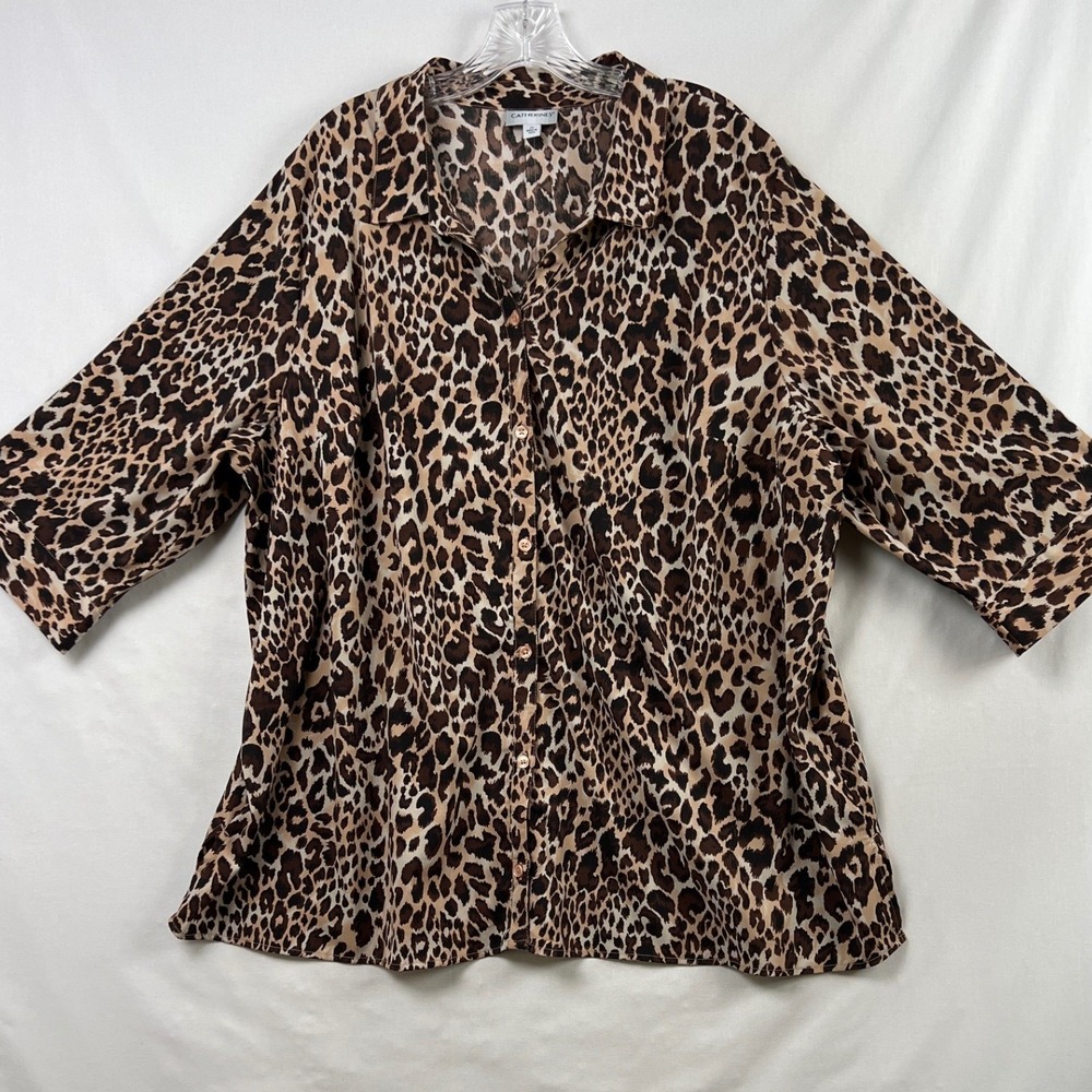 Catherines Button Down Shirt Womens 2X Brown Leopard Animal Print